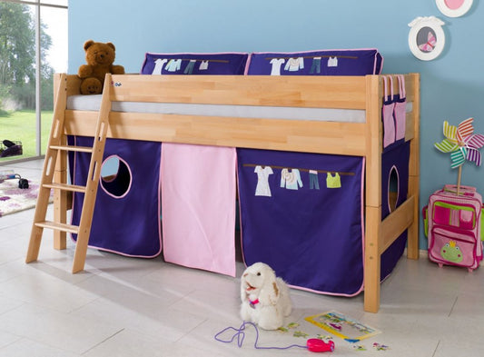 Hochbett KIM Kinderbett Spielbett Bett inklusive Stoffset Buche Kleider Blau/Rosa - Froschkönig24