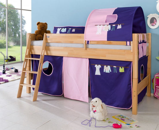 Hochbett KIM Kinderbett Spielbett Bett inklusive Stoffset Buche Kleider Blau/Rosa - Froschkönig24