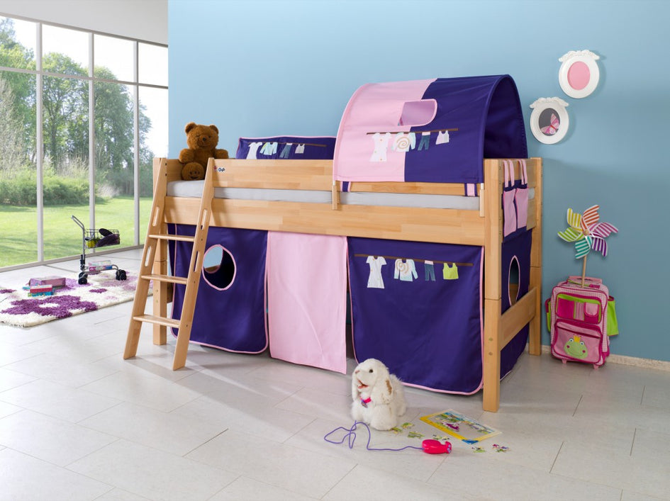 Hochbett KIM Kinderbett Spielbett Bett inklusive Stoffset Buche Kleider Blau/Rosa - Froschkönig24