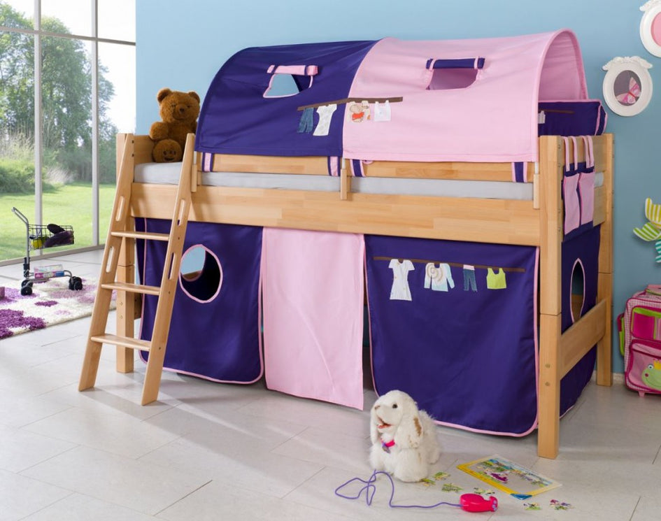 Hochbett KIM Kinderbett Spielbett Bett inklusive Stoffset Buche Kleider Blau/Rosa - Froschkönig24