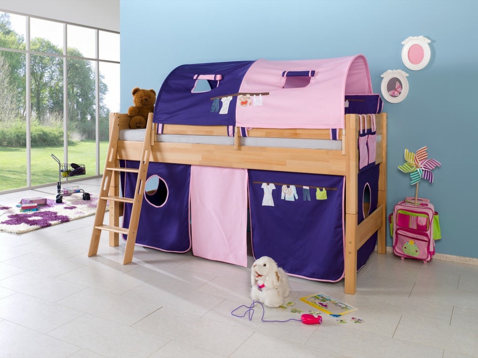 Hochbett KIM Kinderbett Spielbett Bett inklusive Stoffset Buche Kleider Blau/Rosa - Froschkönig24