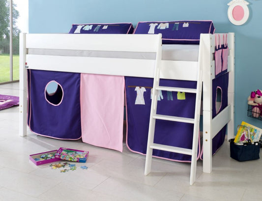 Hochbett KIM Kinderbett Spielbett Bett inklusive Stoffset Weiß Kleider Blau/Rosa - Froschkönig24