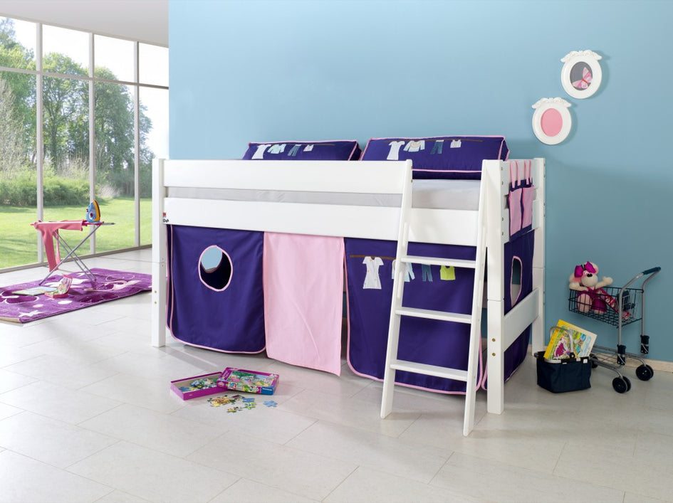 Hochbett KIM Kinderbett Spielbett Bett inklusive Stoffset Weiß Kleider Blau/Rosa - Froschkönig24