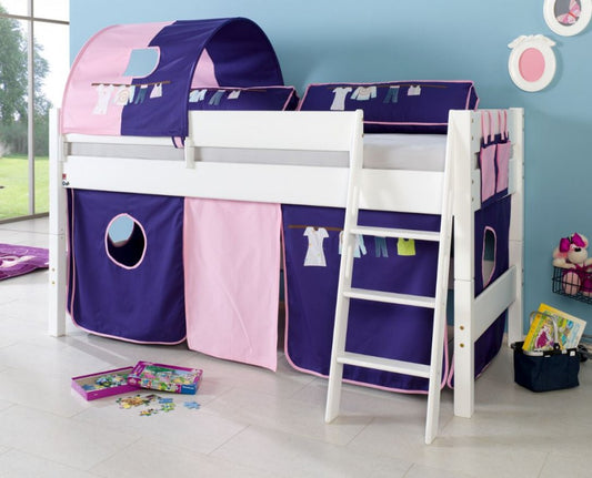 Hochbett KIM Kinderbett Spielbett Bett inklusive Stoffset Weiß Kleider Blau/Rosa - Froschkönig24