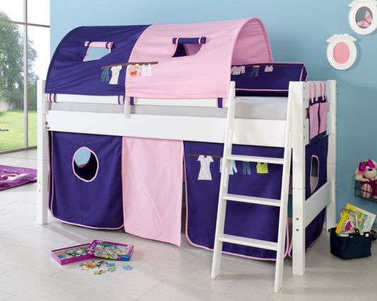 Hochbett KIM Kinderbett Spielbett Bett inklusive Stoffset Weiß Kleider Blau/Rosa - Froschkönig24