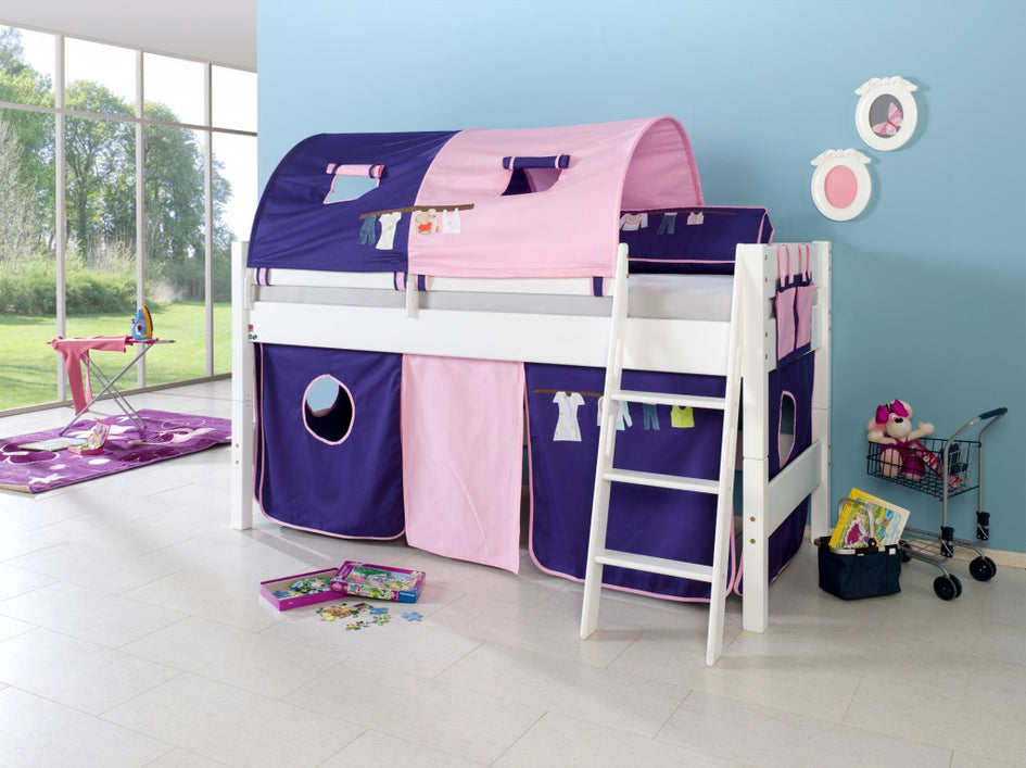 Hochbett KIM Kinderbett Spielbett Bett inklusive Stoffset Weiß Kleider Blau/Rosa - Froschkönig24