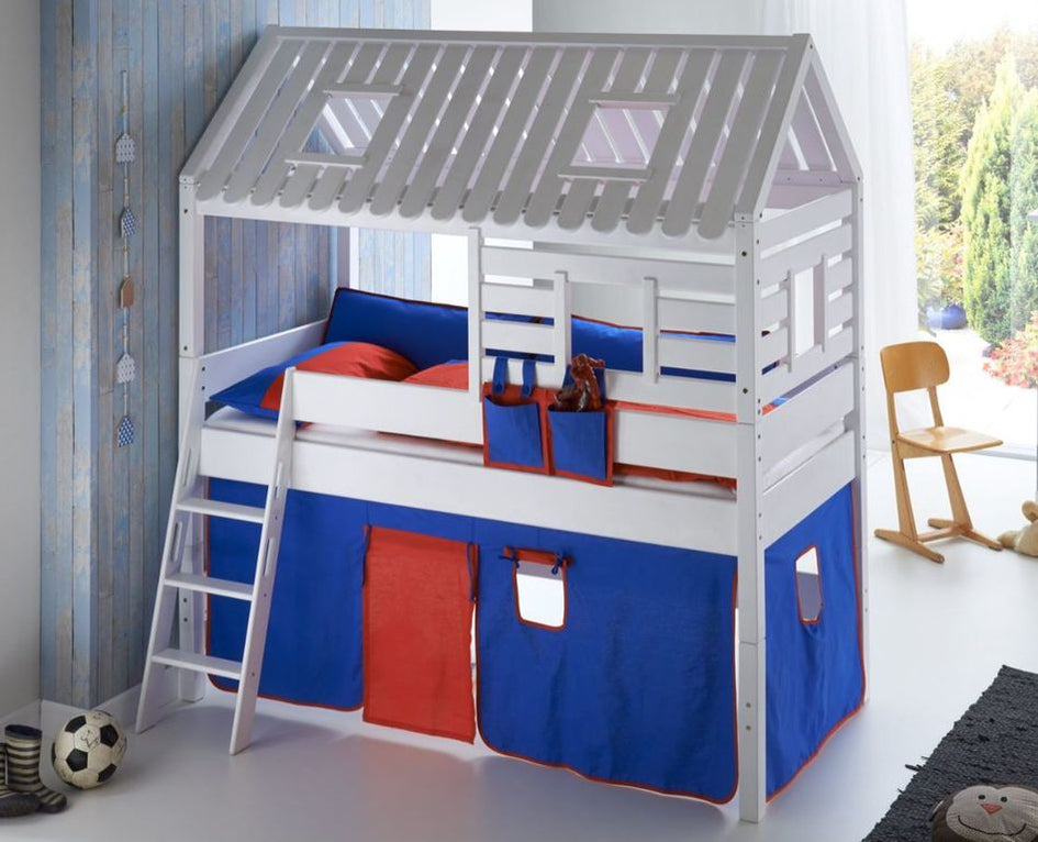 Hochbett Tom´s Hütte 2 Kinderbett Spielbett Bett Weiß Stoffset Blau/Rot - Froschkönig24