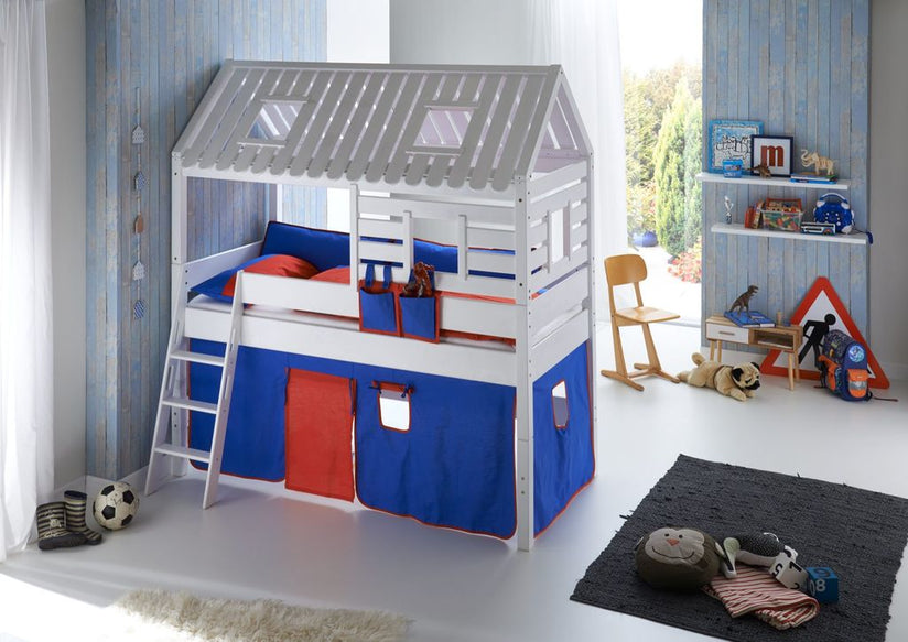 Hochbett Tom´s Hütte 2 Kinderbett Spielbett Bett Weiß Stoffset Blau/Rot - Froschkönig24