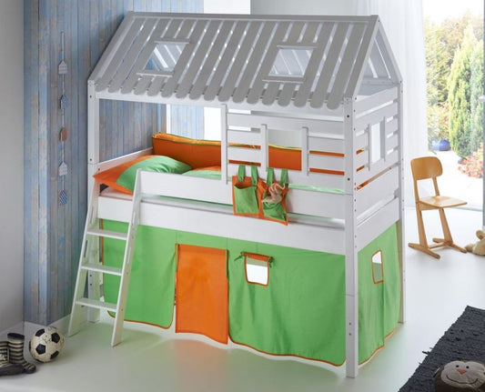 Hochbett Tom´s Hütte 2 Kinderbett Spielbett Bett Weiß Stoffset Grün/Orange - Froschkönig24