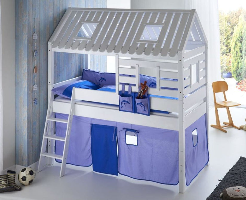 Hochbett Tom´s Hütte 2 Kinderbett Spielbett Bett Weiß Stoffset Blau/Delfin - Froschkönig24