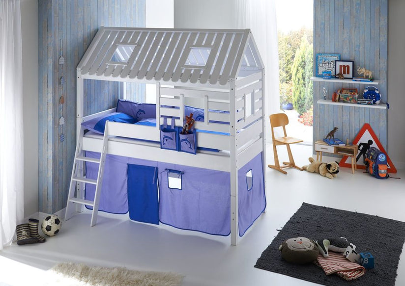 Hochbett Tom´s Hütte 2 Kinderbett Spielbett Bett Weiß Stoffset Blau/Delfin - Froschkönig24