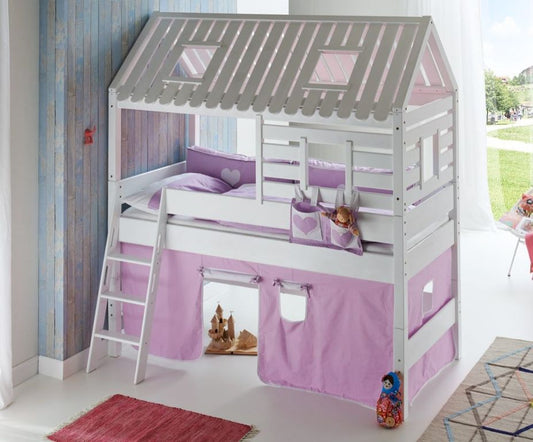 Hochbett Tom´s Hütte 2 Kinderbett Spielbett Bett Weiß Stoffset Lila/Weiß - Froschkönig24