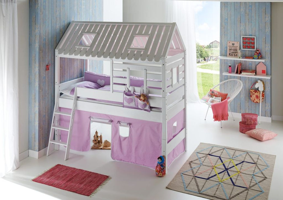 Hochbett Tom´s Hütte 2 Kinderbett Spielbett Bett Weiß Stoffset Lila/Weiß - Froschkönig24