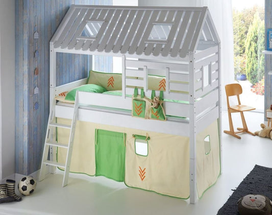 Hochbett Tom´s Hütte 2 Kinderbett Spielbett Bett Weiß Stoffset Indianer - Froschkönig24