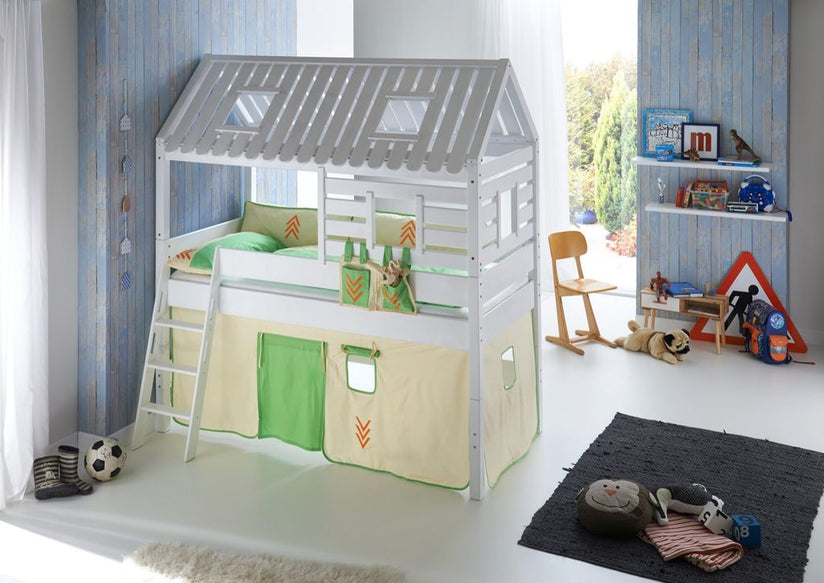 Hochbett Tom´s Hütte 2 Kinderbett Spielbett Bett Weiß Stoffset Indianer - Froschkönig24