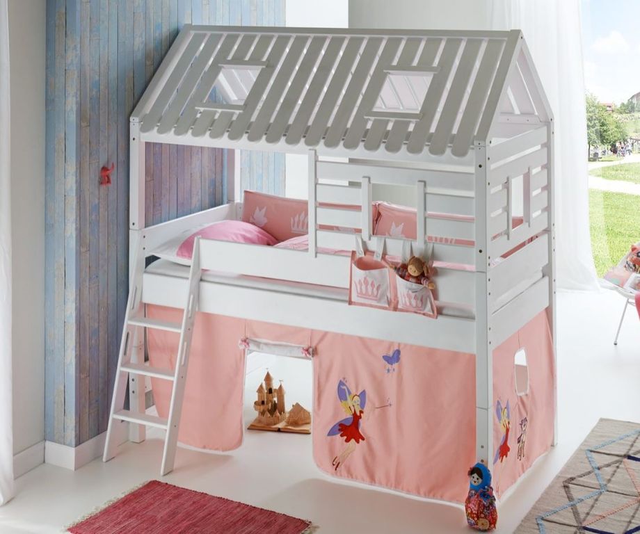 Hochbett Tom´s Hütte 2 Kinderbett Spielbett Bett Weiß Stoffset Prinzessin - Froschkönig24