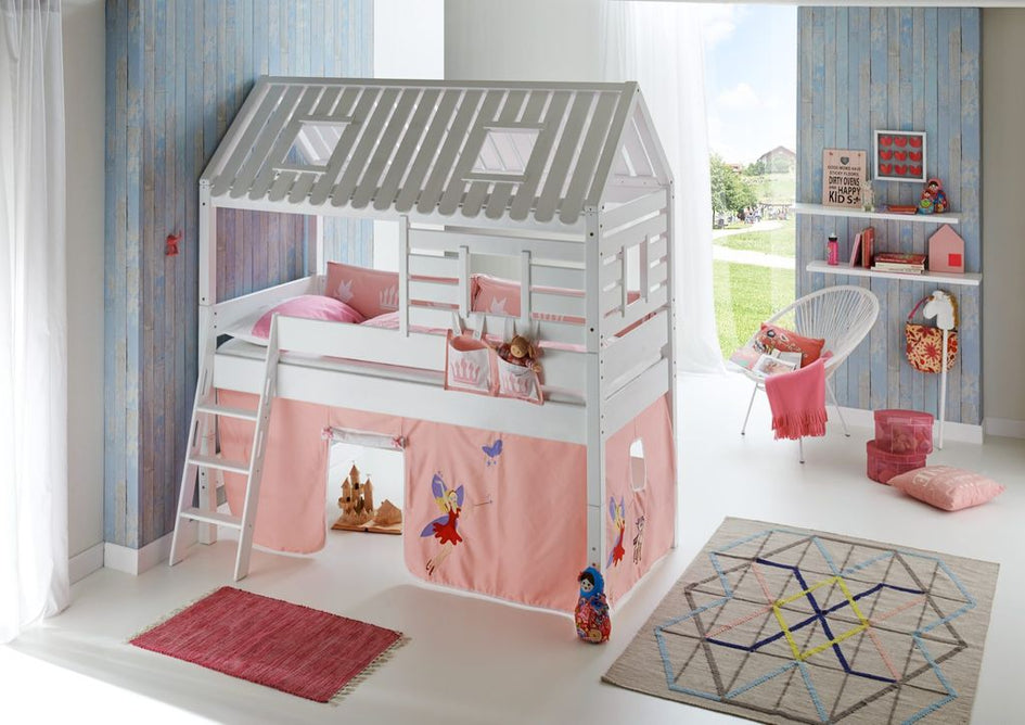 Hochbett Tom´s Hütte 2 Kinderbett Spielbett Bett Weiß Stoffset Prinzessin - Froschkönig24