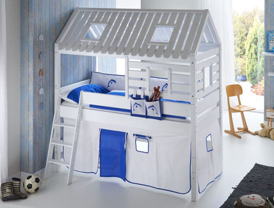 Hochbett Tom´s Hütte 2 Kinderbett Spielbett Bett Weiß Stoffset Weiß/Delfin - Froschkönig24