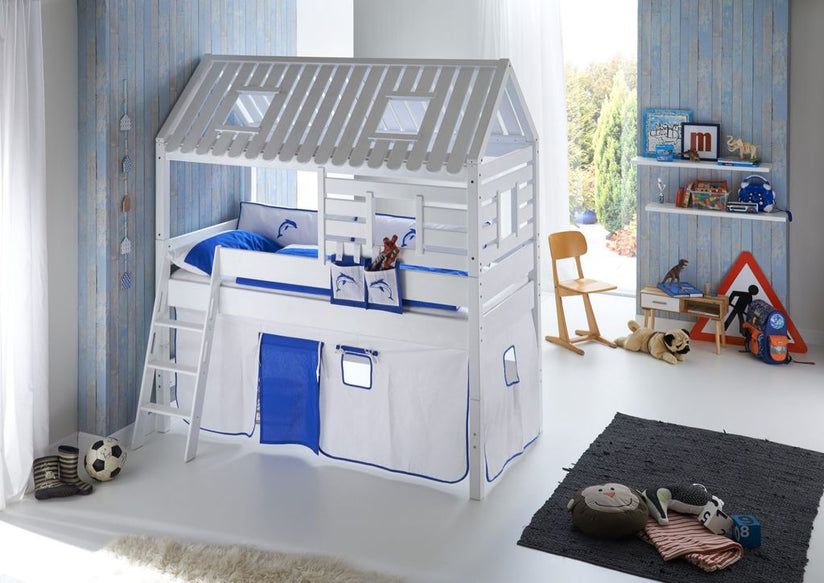 Hochbett Tom´s Hütte 2 Kinderbett Spielbett Bett Weiß Stoffset Weiß/Delfin - Froschkönig24