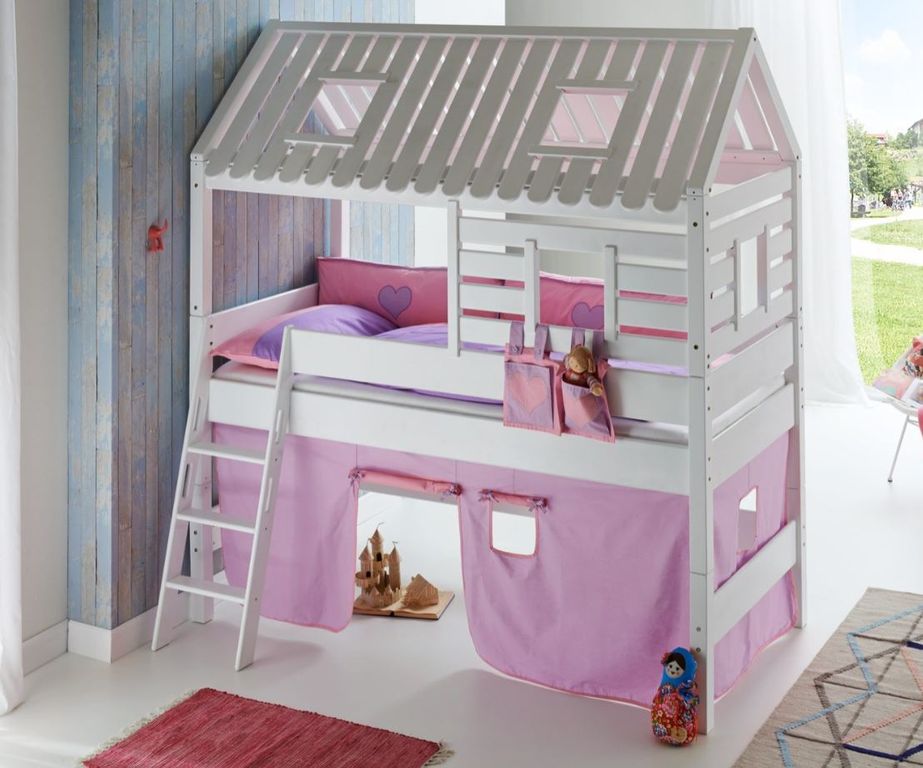 Hochbett Tom´s Hütte 2 Kinderbett Spielbett Bett Weiß Stoffset Lila/Rosa - Froschkönig24