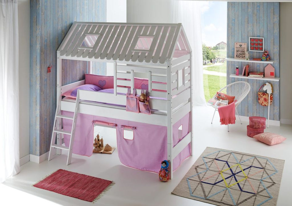 Hochbett Tom´s Hütte 2 Kinderbett Spielbett Bett Weiß Stoffset Lila/Rosa - Froschkönig24