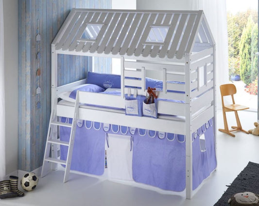 Hochbett Tom´s Hütte 2 Kinderbett Spielbett Bett Weiß Stoffset Blau/boy - Froschkönig24