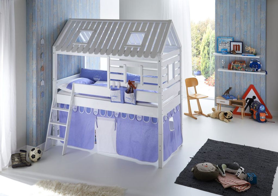 Hochbett Tom´s Hütte 2 Kinderbett Spielbett Bett Weiß Stoffset Blau/boy - Froschkönig24