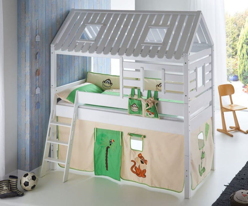 Hochbett Tom´s Hütte 2 Kinderbett Spielbett Bett Weiß Stoffset Dschungel - Froschkönig24