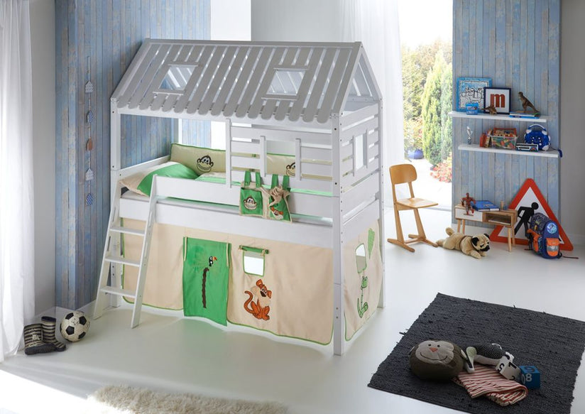 Hochbett Tom´s Hütte 2 Kinderbett Spielbett Bett Weiß Stoffset Dschungel - Froschkönig24