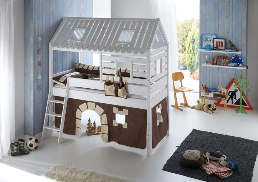 Hochbett Tom´s Hütte 2 Kinderbett Spielbett Bett Weiß Stoffset Burg - Froschkönig24