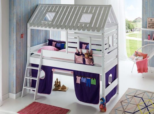 Hochbett Tom´s Hütte 2 Kinderbett Spielbett Bett Weiß Stoffset Rosa/Violett - Froschkönig24