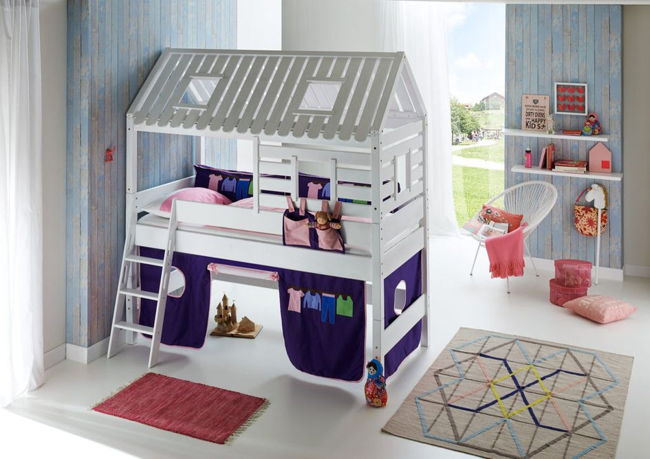 Hochbett Tom´s Hütte 2 Kinderbett Spielbett Bett Weiß Stoffset Rosa/Violett - Froschkönig24