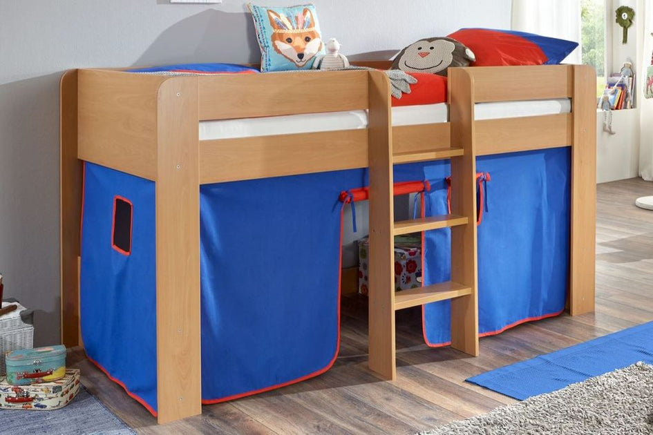 Hochbett ANDI 1 Kinderbett Spielbett halbhohes Bett Buche Stoffset Blau/Rot - Froschkönig24