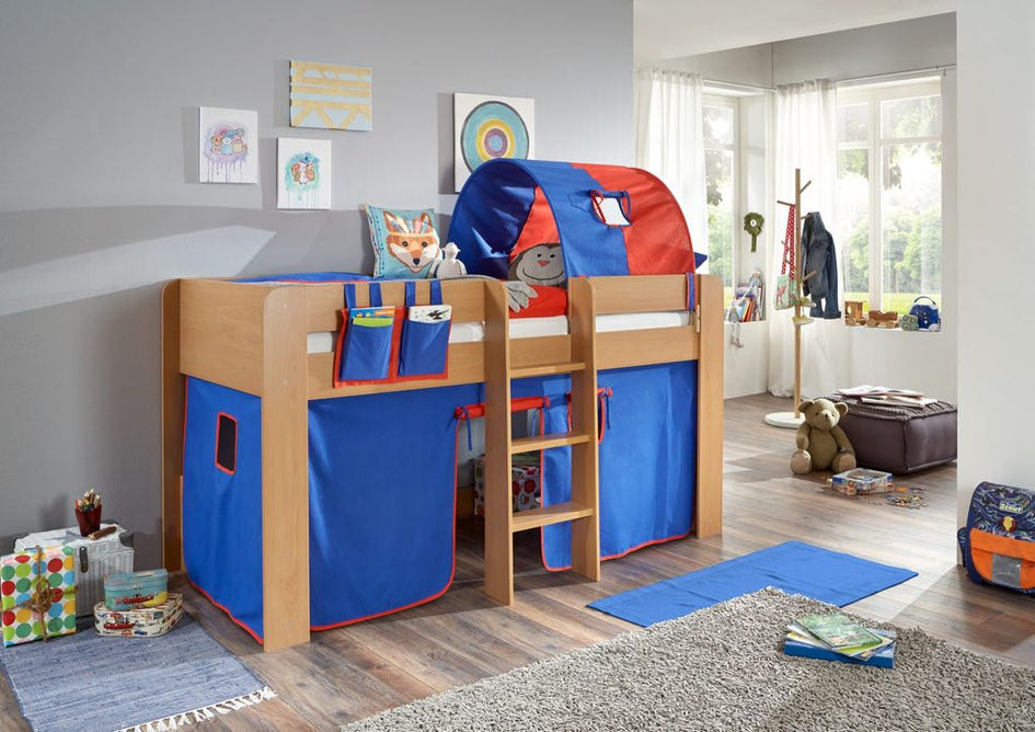 Hochbett ANDI 2 Kinderbett Spielbett halbhohes Bett Buche Stoffset Blau/Rot - Froschkönig24