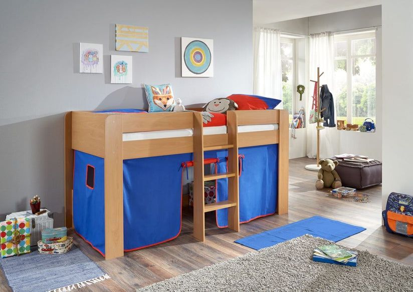 Hochbett ANDI 1 Kinderbett Spielbett halbhohes Bett Buche Stoffset Blau/Rot - Froschkönig24