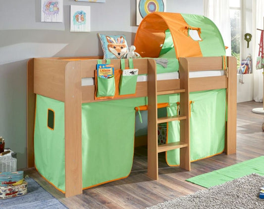 Hochbett ANDI 2 Kinderbett Spielbett halbhohes Bett Buche Stoffset Grün/Orange - Froschkönig24