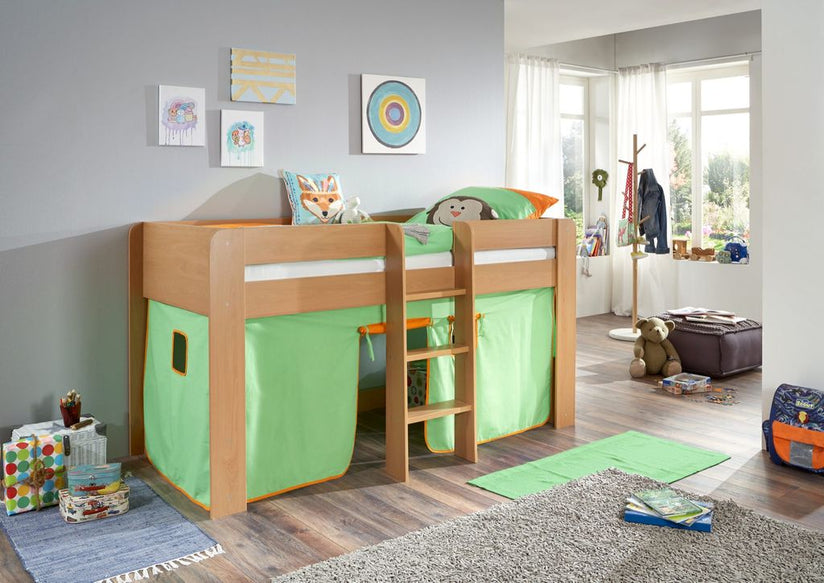 Hochbett ANDI 1 Kinderbett Spielbett halbhohes Bett Buche Stoffset Grün/Orange - Froschkönig24