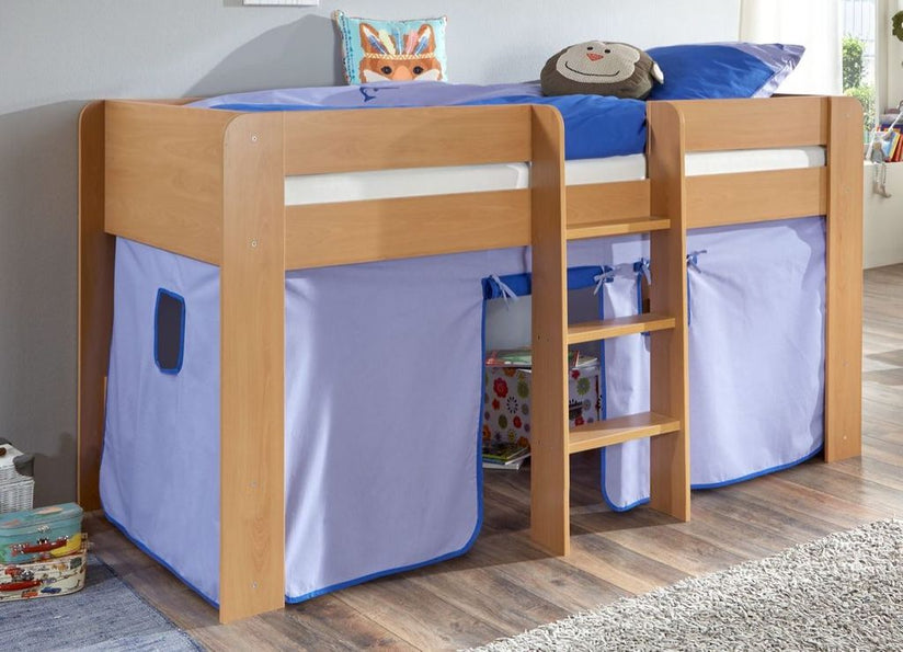 Hochbett ANDI 1 Kinderbett Spielbett halbhohes Bett Buche Stoffset Blau/Delfin - Froschkönig24