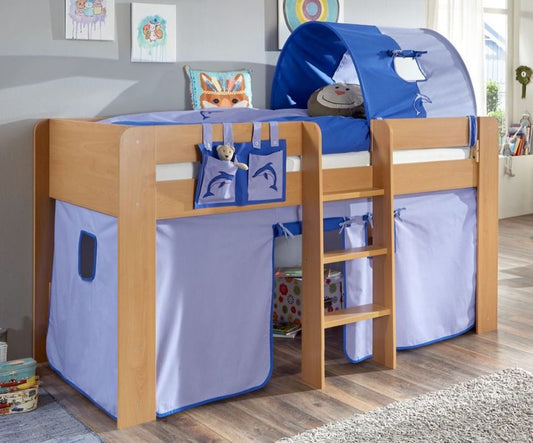 Hochbett ANDI 2 Kinderbett Spielbett halbhohes Bett Buche Stoffset Blau/Delfin - Froschkönig24