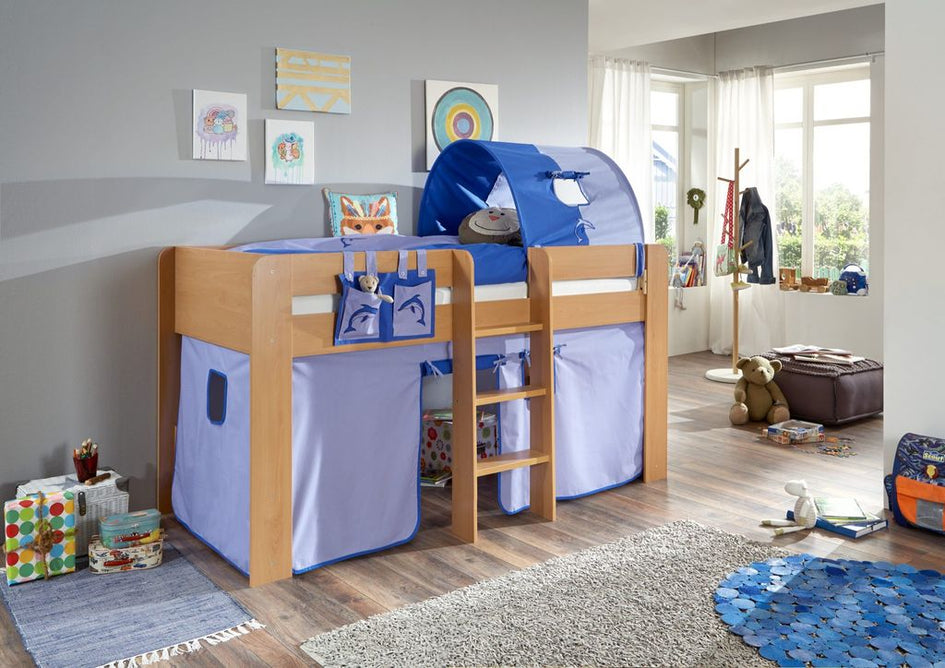 Hochbett ANDI 2 Kinderbett Spielbett halbhohes Bett Buche Stoffset Blau/Delfin - Froschkönig24