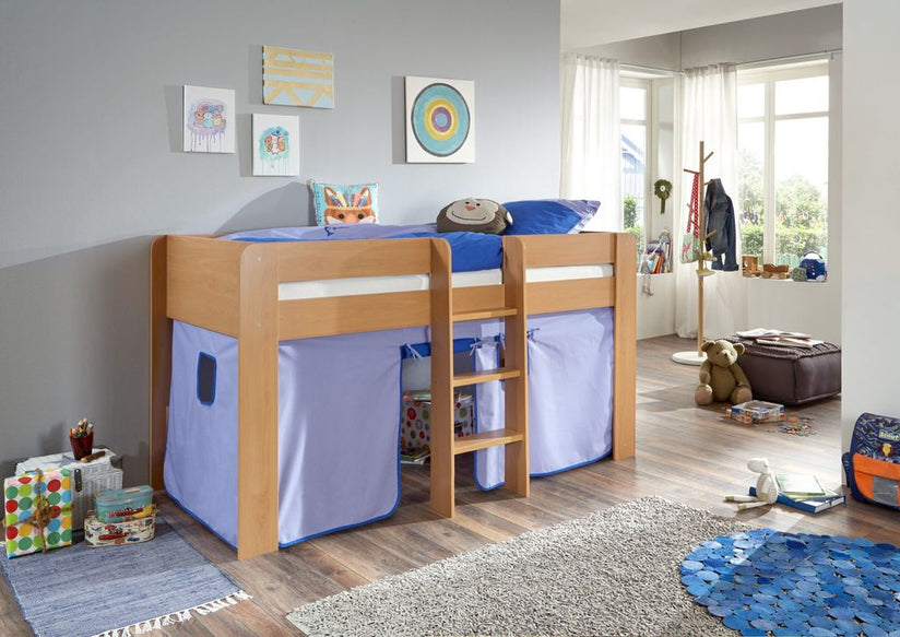 Hochbett ANDI 1 Kinderbett Spielbett halbhohes Bett Buche Stoffset Blau/Delfin - Froschkönig24