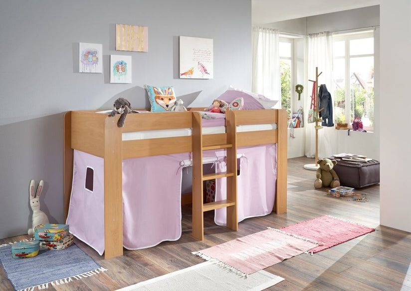 Hochbett ANDI 1 Kinderbett Spielbett halbhohes Bett Buche Stoffset Lila/Weiß - Froschkönig24