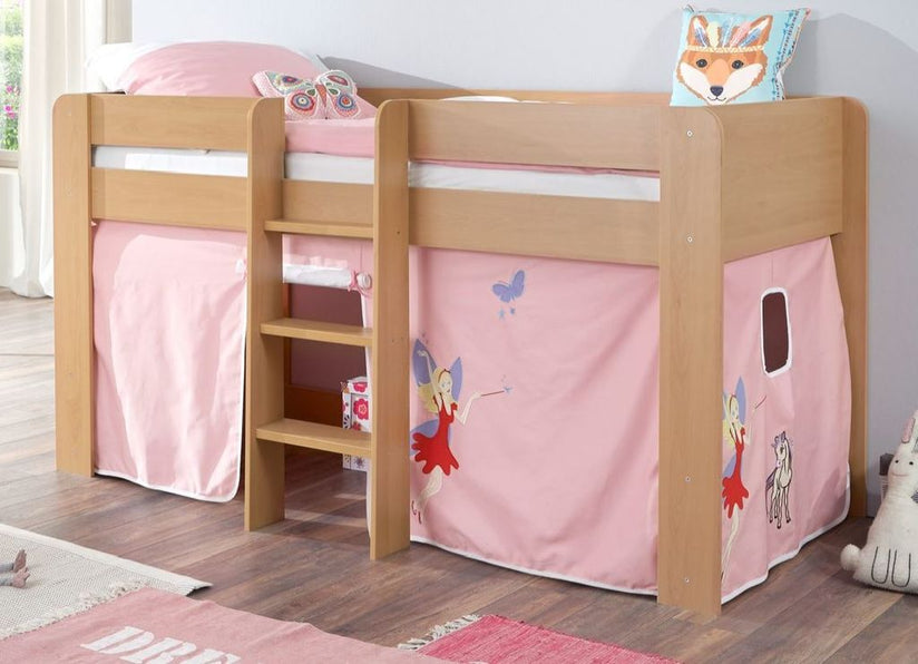 Hochbett ANDI 1 Kinderbett Spielbett halbhohes Bett Buche Stoffset Prinzessin - Froschkönig24