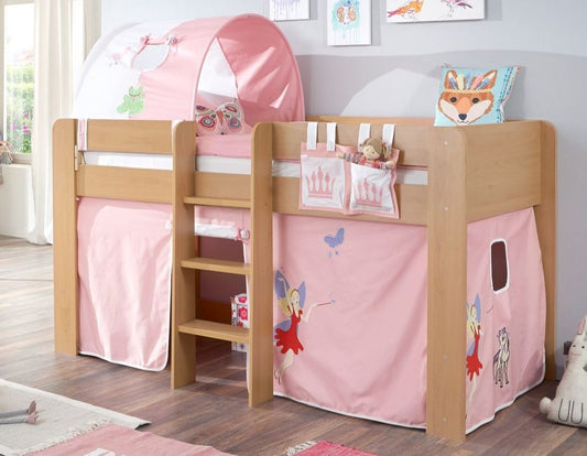 Hochbett ANDI 2 Kinderbett Spielbett halbhohes Bett Buche Stoffset Prinzessin - Froschkönig24