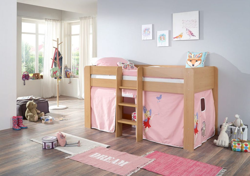 Hochbett ANDI 1 Kinderbett Spielbett halbhohes Bett Buche Stoffset Prinzessin - Froschkönig24