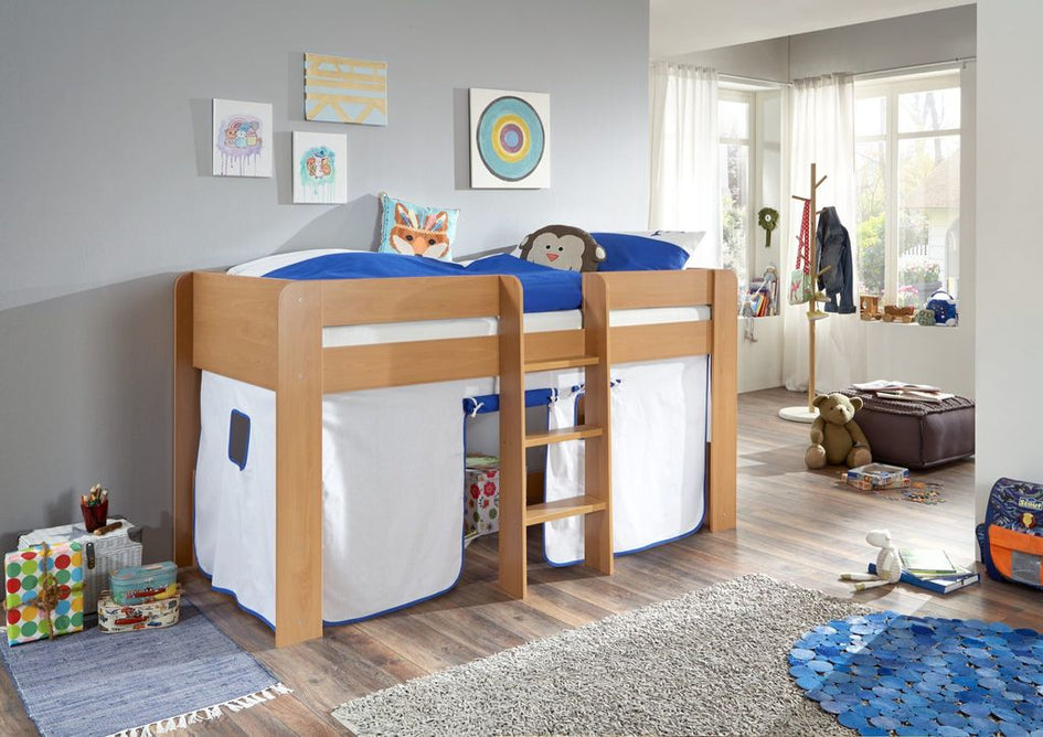 Hochbett ANDI 1 Kinderbett Spielbett halbhohes Bett Buche Stoffset Weiß/Delfin - Froschkönig24