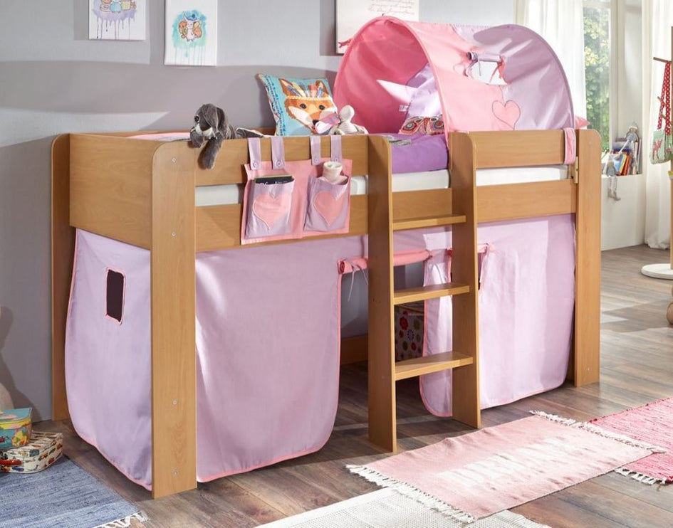 Hochbett ANDI 2 Kinderbett Spielbett halbhohes Bett Buche Stoffset Lila/Rosa - Froschkönig24