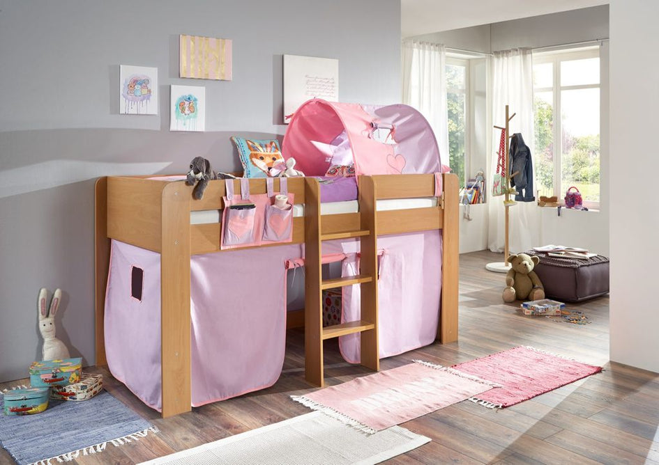 Hochbett ANDI 2 Kinderbett Spielbett halbhohes Bett Buche Stoffset Lila/Rosa - Froschkönig24