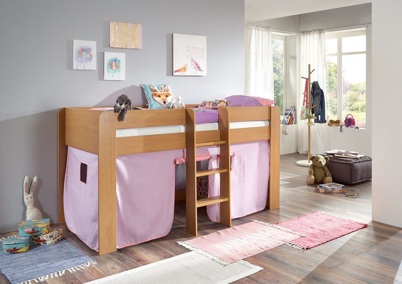 Hochbett ANDI 1 Kinderbett Spielbett halbhohes Bett Buche Stoffset Lila/Rosa - Froschkönig24