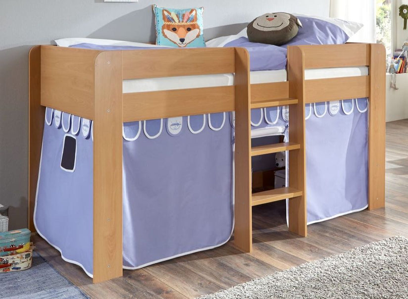 Hochbett ANDI 1 Kinderbett Spielbett halbhohes Bett Buche Stoffset Blau/Boy - Froschkönig24